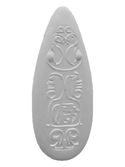 3D model for Fantasy | Jade | Carved | Irregular | Highly Detailed — small ancient object with organic shape, appears to be a mystical talisman or relic. Crafted in green jade with carved symbols and ornamental patterns. Irregular edges and asymmetrical silhouette suggest handmade origin. Rich fantasy aesthetic with intricate surface details.