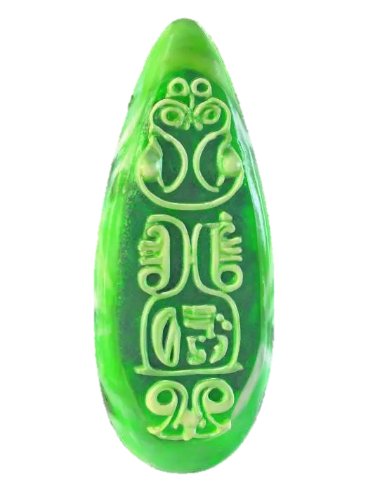 3D model for Fantasy | Jade | Carved | Irregular | Highly Detailed — small ancient object with organic shape, appears to be a mystical talisman or relic. Crafted in green jade with carved symbols and ornamental patterns. Irregular edges and asymmetrical silhouette suggest handmade origin. Rich fantasy aesthetic with intricate surface details.