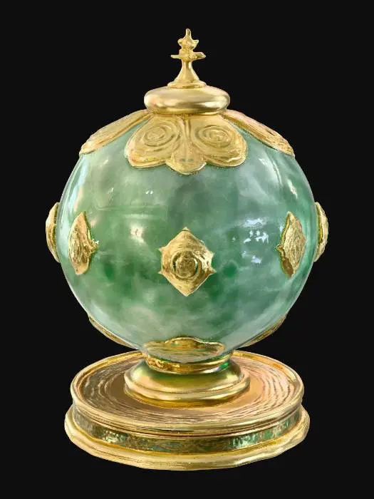 3D model for Fantasy, Steampunk, Medieval. Gold, Jade, Crystal. Carved, Polished, Highly Detailed, Ultra Realistic. An ancient floating orb of power, made from polished gold and carved jade plates, with glowing crystal shards suspended around it. Intricate engravings cover the surface, depicting mysterious runes and celestial symbols. Small rotating golden rings orbit the orb, with thin chains and miniature gears connecting them. The crystal shards emit a soft ethereal glow, giving the object a mystical and powerful presence.