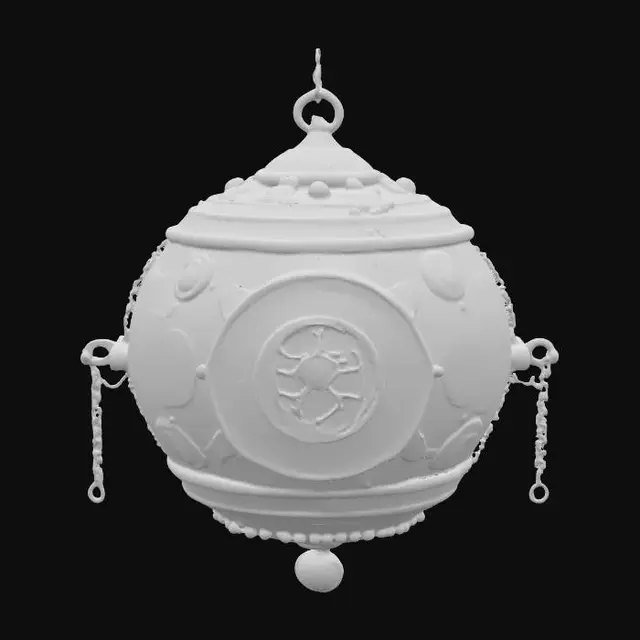 3D model for Fantasy, Steampunk, Medieval. Gold, Jade, Crystal. Carved, Polished, Highly Detailed, Ultra Realistic. An ancient floating orb of power, made from polished gold and carved jade plates, with glowing crystal shards suspended around it. Intricate engravings cover the surface, depicting mysterious runes and celestial symbols. Small rotating golden rings orbit the orb, with thin chains and miniature gears connecting them. The crystal shards emit a soft ethereal glow, giving the object a mystical and powerful presence.
