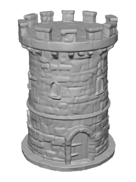 3D model for A formidable two-story medieval round tower, constructed from rough-hewn grey stone bricks with visible mortar lines, giving a robust, gritty texture. Its cylindrical form is crowned with weathered battlements. Each story features deeply recessed round-arched windows, and a heavy, dark wooden round-arched door with iron hinges marks the ground floor, all topped with matching stone lintels. The surface feels cool and coarse.