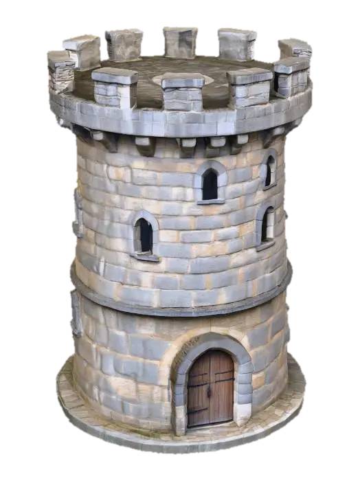 3D model for A formidable two-story medieval round tower, constructed from rough-hewn grey stone bricks with visible mortar lines, giving a robust, gritty texture. Its cylindrical form is crowned with weathered battlements. Each story features deeply recessed round-arched windows, and a heavy, dark wooden round-arched door with iron hinges marks the ground floor, all topped with matching stone lintels. The surface feels cool and coarse.