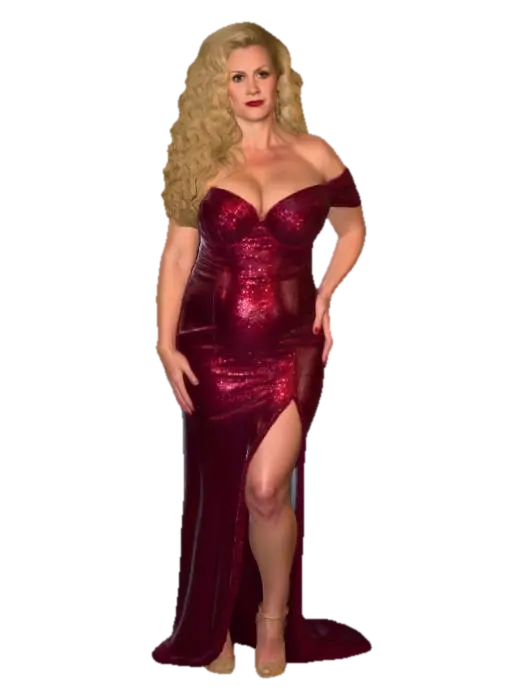 Blonde woman 17 BV - Crimson Sequin Siren - Sparkling 3D model, vytvořený pomocí AI