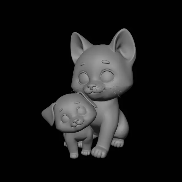 3D model for cartoonish kitten playing with a baby dog in a lonely alley