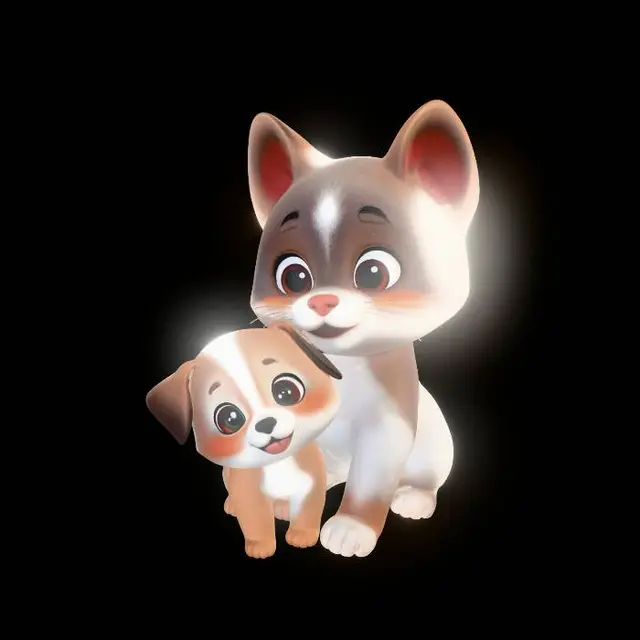 3D model for cartoonish kitten playing with a baby dog in a lonely alley