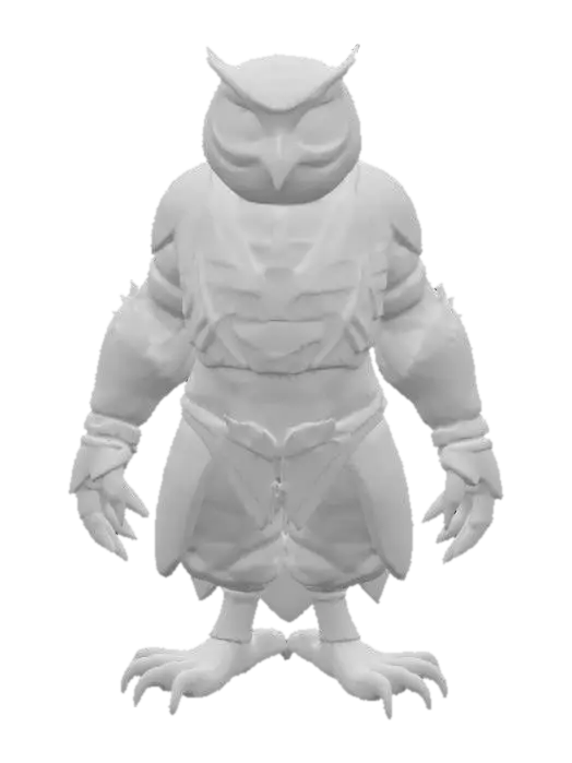 3D model for A highly detailed 3D model of a Owl Humanoid creature. The creature should have a muscular, Lean humanoid body With an Owl Head and wings. Make it's feet Owl Talons, the rest of the body can have feathers or flesh. The model must be posed in a symmetrical T-pose, with clear limb separation for rigging. Keep the design Fantasy, but elevate the realism with defined anatomy, believable muscle structure, and fantasy creature proportions. He is wearing a detailed sharp Medieval armor consisting of mostly plate and some leather. Make the Model game-ready, with clean topology, ready for skeletal rigging and animation in Unreal Engine 5.3. Exclude base or background, and focus on a visually rich, sharp riggable creature silhouette suitable for fantasy RPG environments.