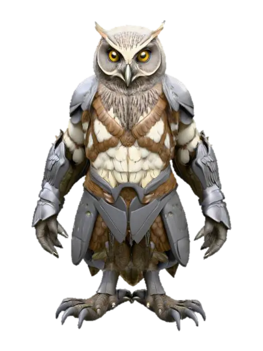 3D model for A highly detailed 3D model of a Owl Humanoid creature. The creature should have a muscular, Lean humanoid body With an Owl Head and wings. Make it's feet Owl Talons, the rest of the body can have feathers or flesh. The model must be posed in a symmetrical T-pose, with clear limb separation for rigging. Keep the design Fantasy, but elevate the realism with defined anatomy, believable muscle structure, and fantasy creature proportions. He is wearing a detailed sharp Medieval armor consisting of mostly plate and some leather. Make the Model game-ready, with clean topology, ready for skeletal rigging and animation in Unreal Engine 5.3. Exclude base or background, and focus on a visually rich, sharp riggable creature silhouette suitable for fantasy RPG environments.
