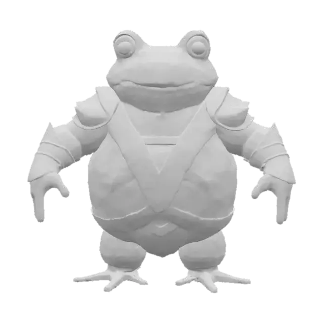 3D model for A highly detailed 3D model of a Frog Humanoid creature. The creature should have a hunched, muscular, humanoid body but Make it's legs slightly more narrow and frog like. Give it a Frog like skin texture with frog like Webbed hands and feet. The model must be posed in a symmetrical T-pose, with clear limb separation for rigging. Keep the design Fantasy, but elevate the realism with defined anatomy, believable muscle structure, and fantasy creature proportions. He is wearing a detailed sharp Medieval armor consisting of mostly plate and  some leather. Make the Model game-ready, with clean topology, ready for skeletal rigging and animation in Unreal Engine 5.3. Exclude base or background, and focus on a visually rich, sharp riggable creature silhouette suitable for fantasy RPG environments.