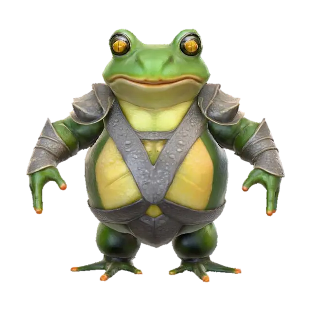 3D model for A highly detailed 3D model of a Frog Humanoid creature. The creature should have a hunched, muscular, humanoid body but Make it's legs slightly more narrow and frog like. Give it a Frog like skin texture with frog like Webbed hands and feet. The model must be posed in a symmetrical T-pose, with clear limb separation for rigging. Keep the design Fantasy, but elevate the realism with defined anatomy, believable muscle structure, and fantasy creature proportions. He is wearing a detailed sharp Medieval armor consisting of mostly plate and  some leather. Make the Model game-ready, with clean topology, ready for skeletal rigging and animation in Unreal Engine 5.3. Exclude base or background, and focus on a visually rich, sharp riggable creature silhouette suitable for fantasy RPG environments.