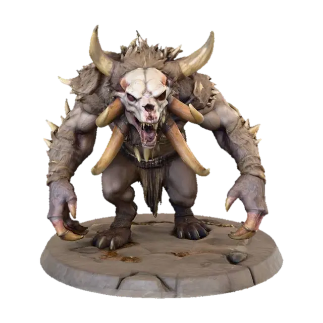 Design a Warhammer-style chaotic savage beast, feral and hunched, with bone armor… 3D model, vytvořený pomocí AI