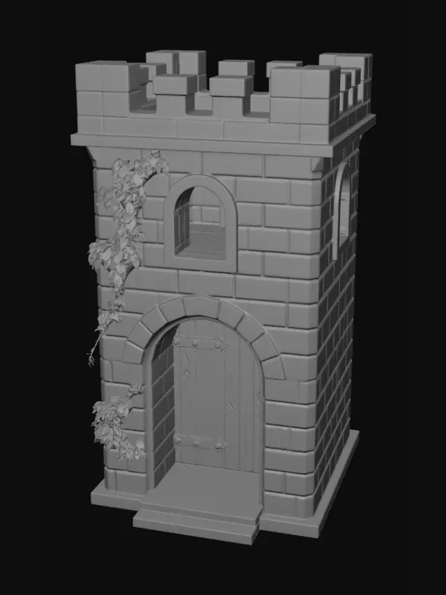 3D model for A 3D printable medieval dice tower shaped like a square stone castle keep. It's built from weathered gray bricks with creeping green ivy and a small wooden door at the base. The top features open battlement crenellations for dice entry, leading into a hollow shaft with angled internal stone baffles for tumbling. A large, open rounded stone archway at the front base allows dice to exit into an integrated, walled collection tray. Optimized for 3D printing.