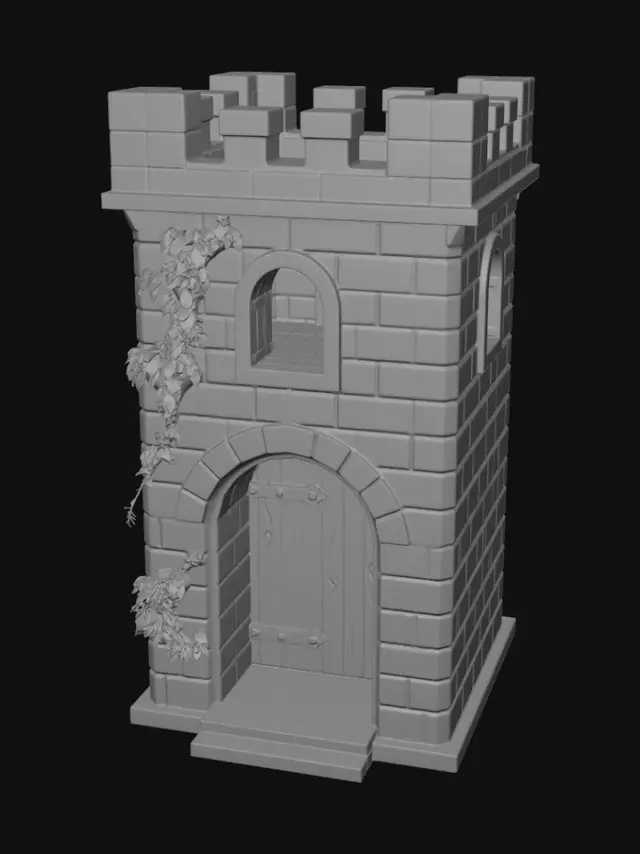 3D model for A 3D printable medieval dice tower shaped like a square stone castle keep. It's built from weathered gray bricks with creeping green ivy and a small wooden door at the base. The top features open battlement crenellations for dice entry, leading into a hollow shaft with angled internal stone baffles for tumbling. A large, open rounded stone archway at the front base allows dice to exit into an integrated, walled collection tray. Optimized for 3D printing.