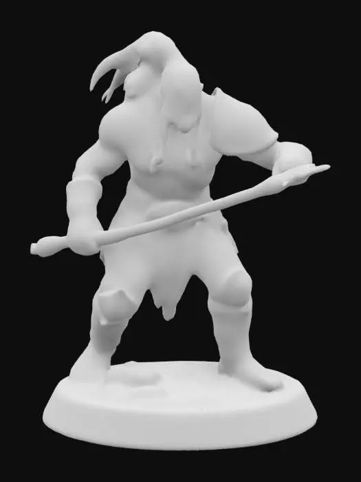 3D model for figurine fantasy dnd half-ork warrior in dynamic pose with base like ring from wire with natural realistic colors