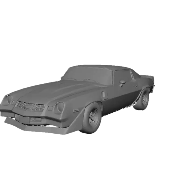 3D model for 1979 chevrolet camaro z28. white colored body with stock blue stripes.