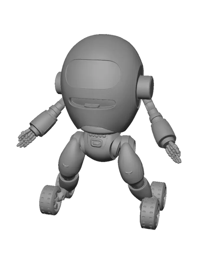 3D model for A cute desktop companion robot with a large oversized round torso,
big enough to clearly show it has hollow space inside for internal
electronics. It stands on four separate, clearly visible short thick
legs — like a small dog's stance — each leg ending in its own distinct
black wheel at the bottom. The legs must be visually separate limbs,
not merged into the body. Two full-length arms extend from the sides
of the body, long enough to gesture and hold small objects, not short
stubby nubs. A flat screen on the front of the head as a face, small
camera lens above the screen. Smooth matte plastic shell, pastel color,
chunky toy-like proportions, sturdy and stable stance. Style: cute,
playful, Pixar-style stylized character design.