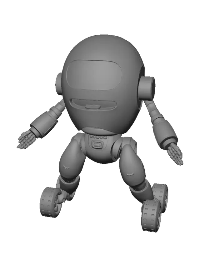 3D model for A cute desktop companion robot with a large oversized round torso,
big enough to clearly show it has hollow space inside for internal
electronics. It stands on four separate, clearly visible short thick
legs — like a small dog's stance — each leg ending in its own distinct
black wheel at the bottom. The legs must be visually separate limbs,
not merged into the body. Two full-length arms extend from the sides
of the body, long enough to gesture and hold small objects, not short
stubby nubs. A flat screen on the front of the head as a face, small
camera lens above the screen. Smooth matte plastic shell, pastel color,
chunky toy-like proportions, sturdy and stable stance. Style: cute,
playful, Pixar-style stylized character design.