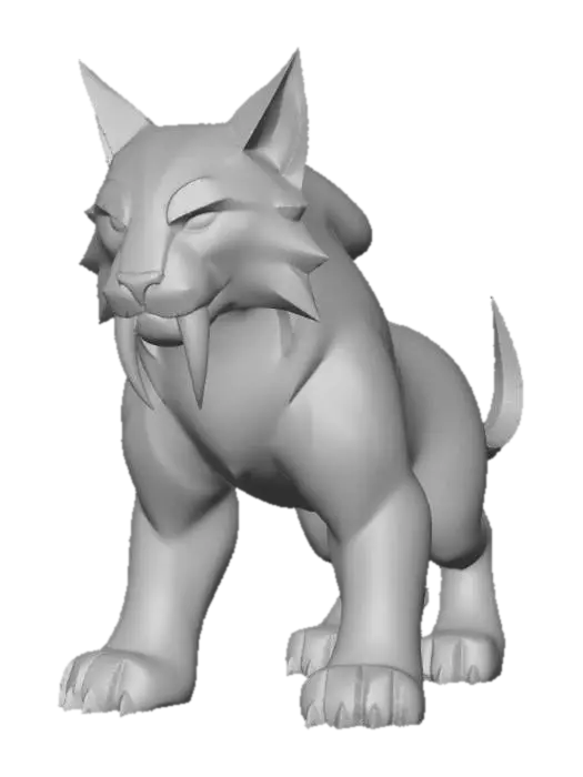 3D model for A stylized sabertooth lynx creature, front-facing, centered, full body visible, neutral studio background.

Simple, clean geometry. Smooth surfaces. Strong, readable silhouette. Compact feline body with short tail and large paws.

Head is symmetrical with clear structure. Ears are triangular and solid. Cheek fur is represented with 2–3 large angular shapes only.

Two large sabertooth fangs, clearly separated from the lower jaw, thick at the base and smoothly tapered. Fangs are simple curved cones with clean edges.

Fur is represented as large smooth sections, not strands. No small details.