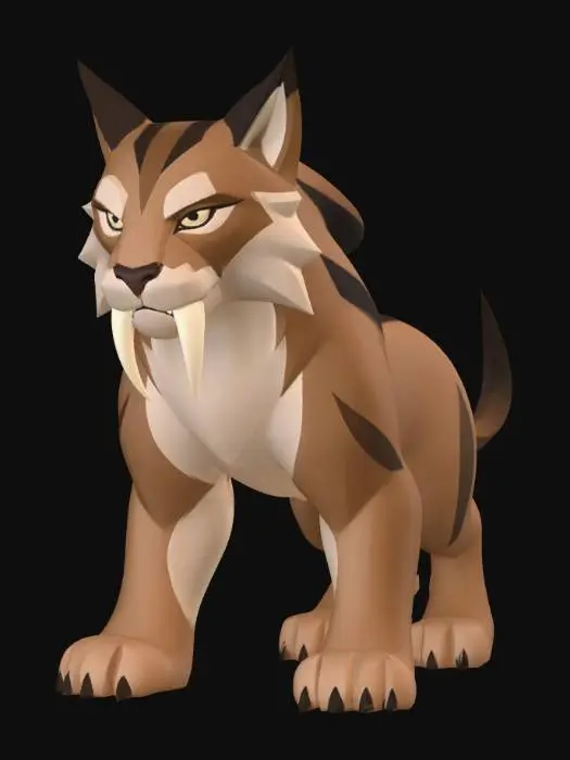 3D model for A stylized sabertooth lynx creature, front-facing, centered, full body visible, neutral studio background.

Simple, clean geometry. Smooth surfaces. Strong, readable silhouette. Compact feline body with short tail and large paws.

Head is symmetrical with clear structure. Ears are triangular and solid. Cheek fur is represented with 2–3 large angular shapes only.

Two large sabertooth fangs, clearly separated from the lower jaw, thick at the base and smoothly tapered. Fangs are simple curved cones with clean edges.

Fur is represented as large smooth sections, not strands. No small details.
