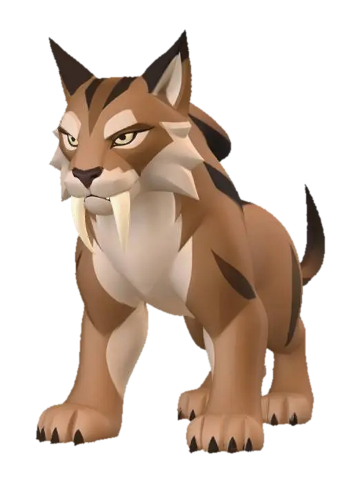 3D model for A stylized sabertooth lynx creature, front-facing, centered, full body visible, neutral studio background.

Simple, clean geometry. Smooth surfaces. Strong, readable silhouette. Compact feline body with short tail and large paws.

Head is symmetrical with clear structure. Ears are triangular and solid. Cheek fur is represented with 2–3 large angular shapes only.

Two large sabertooth fangs, clearly separated from the lower jaw, thick at the base and smoothly tapered. Fangs are simple curved cones with clean edges.

Fur is represented as large smooth sections, not strands. No small details.