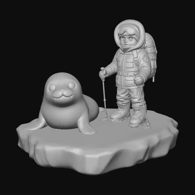 3D model for a cute sea arctic seal on a slab of ice expeditioner with trekking poles wearing blue near by