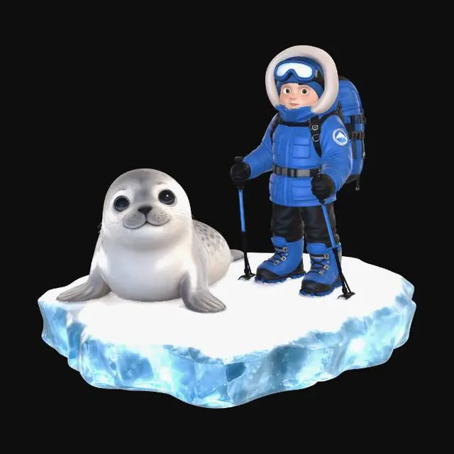 3D model for a cute sea arctic seal on a slab of ice expeditioner with trekking poles wearing blue near by