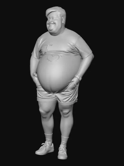 3D model for I want to create a brainrot that is called fat jermy I will be fat and he will be wearing a white shirt on it it will say I♥️🍔 And it have no shoe it will a have its stomach peeping out and he will wear a black short and his bams will peep and he will be farting and brown hair blue eyes clossed mouth hands