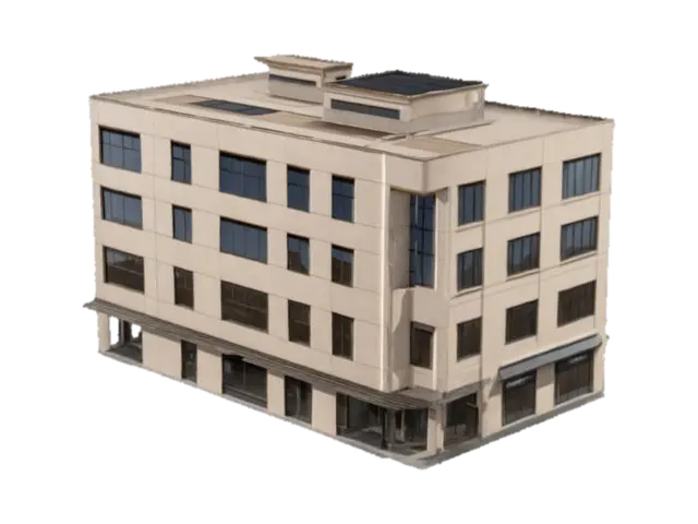 The object is a multi-story corner building with a beige facade, flat and angled… 3D model, vytvořený pomocí AI