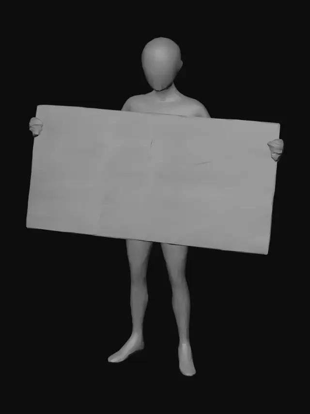 3D model for a low poly stick man holding a rectangle that is used for swatches