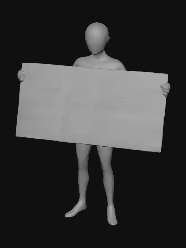 3D model for a low poly stick man holding a rectangle that is used for swatches