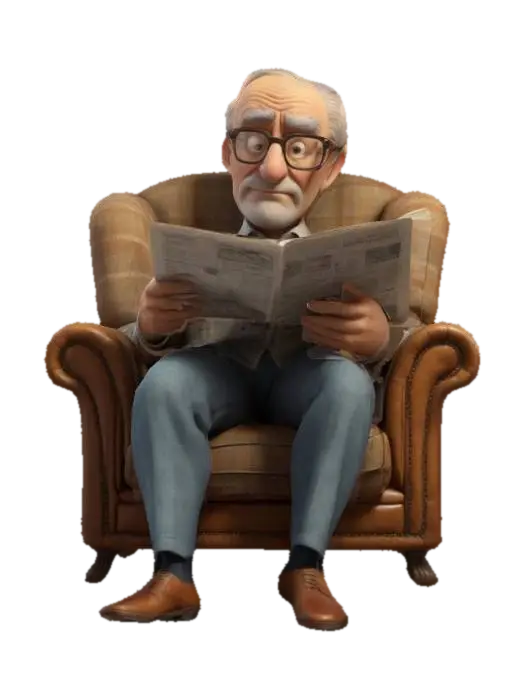 Un homme assis dans un fauteuil de type Chesterfield lit son journal. L'homme est… - Glasses 3D model, vytvořený pomocí AI