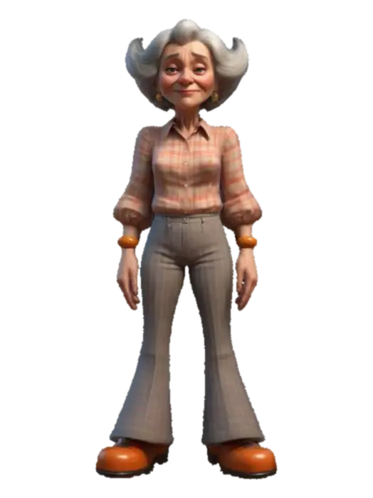 Style dessin animé, Ultra-réaliste, Vielle bigote de Musique dans la cinquantaine,… - 1970s 3D model, vytvořený pomocí AI