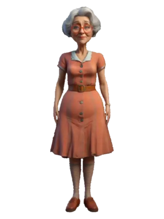 Style dessin animé, Ultra-réaliste, Vielle bigote de Musique dans la cinquantaine,… - 1970s 3D model, vytvořený pomocí AI