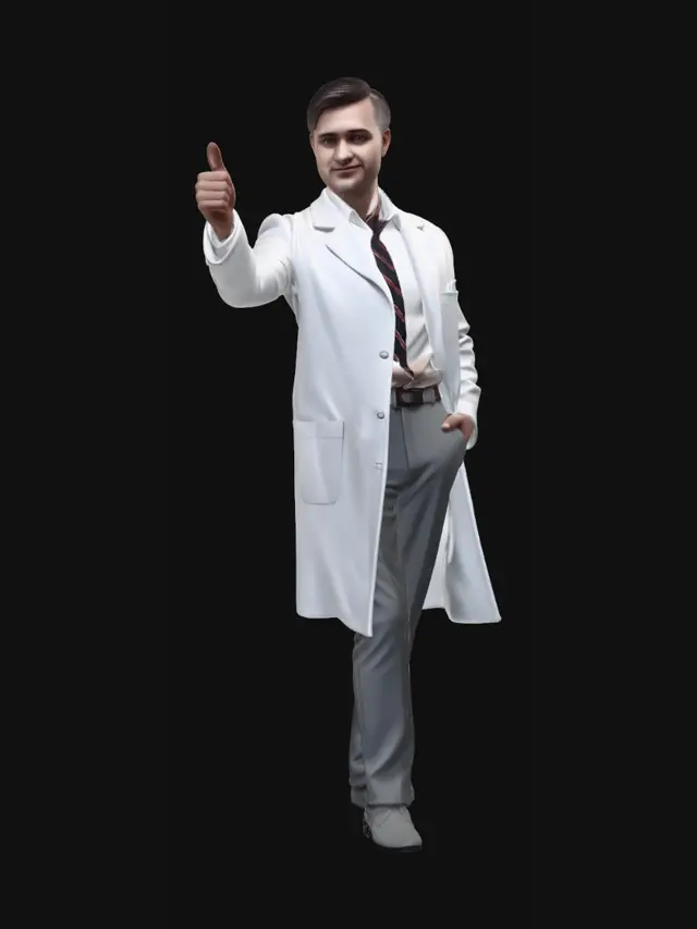 3D model for Style cartoon, Un Chercheur en psychologie, américain des années 1950s, avec blouse blanche, style vestimentaire et coiffure 1950s.  l'homme est mince et grand Pause , déterminée. Corps entier, Conçu pour les jeux vidéo, Texture réaliste et très détaillée, Art numérique, 4k, Détails fins, Lignes épurées, Couleurs vives, Corps entier.
