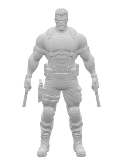 3D model for The hero is The Punisher, shown in a powerful 3D full-body depiction. He has a muscular build with a stern, intimidating expression and short, dark hair.

He wears a black t-shirt featuring the iconic white skull emblem across his chest, the unmistakable symbol of The Punisher. His outfit is completed with black tactical pants, a utility belt with pouches, and combat boots, emphasizing his militaristic, vigilante style.

Across his shoulders are tactical straps, and he grips a pair of black pistols in gloved hands, ready for action. The dark backdrop enhances his grim presence, highlighting his ruthless and no-nonsense persona as a vigilante who wages war on crime.
