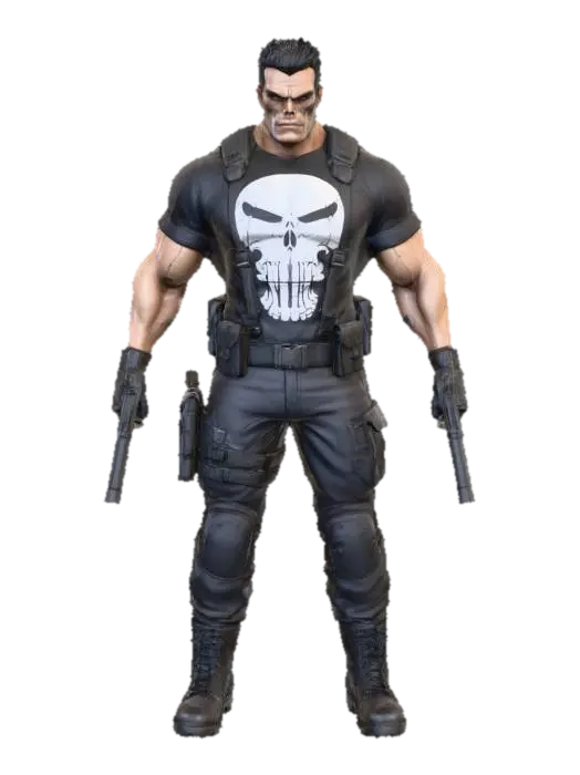 3D model for The hero is The Punisher, shown in a powerful 3D full-body depiction. He has a muscular build with a stern, intimidating expression and short, dark hair.

He wears a black t-shirt featuring the iconic white skull emblem across his chest, the unmistakable symbol of The Punisher. His outfit is completed with black tactical pants, a utility belt with pouches, and combat boots, emphasizing his militaristic, vigilante style.

Across his shoulders are tactical straps, and he grips a pair of black pistols in gloved hands, ready for action. The dark backdrop enhances his grim presence, highlighting his ruthless and no-nonsense persona as a vigilante who wages war on crime.