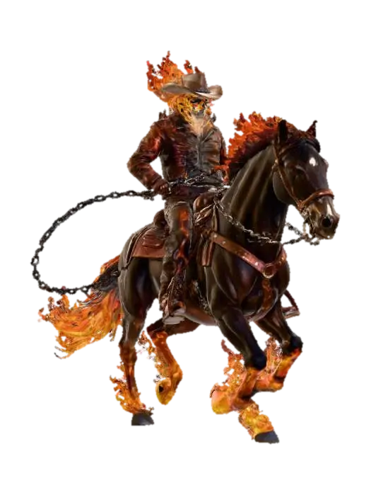 Fiery Rider in the Sunset - Ghostrider 3D model, vytvořený pomocí AI