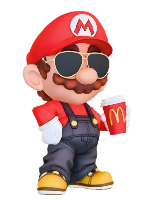 Caffeinated Plumber Mario - Popart 3D model, vytvořený pomocí AI