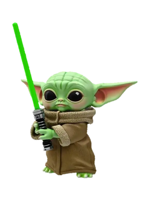 Grogu Wields a Blue Lightsaber 3D model, vytvořený pomocí AI