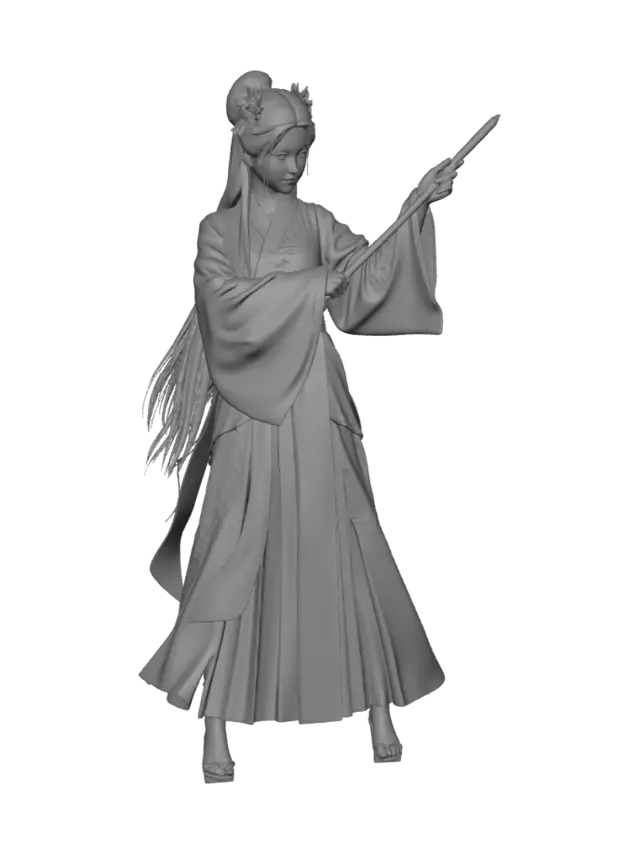 3D model for Chinese wuxia xianxia style, young female swordsman, full body 3D model, gentle standing pose, clean topology
long chestnut hair, cute oriental girl face, big amber eyes, subtle pink makeup, hairpin ornaments
light green hanfu robe, sheer floating ribbons, bamboo pattern embroidery, soft fabric texture
holding a slender green jade sword, faint green wood element sword qi, gentle fairy mist
simple light gray background
soft warm lighting, PBR fabric texture, ultra detailed, complete full body mesh, no broken geometry