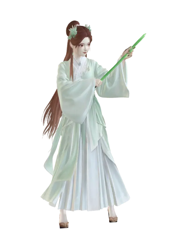 3D model for Chinese wuxia xianxia style, young female swordsman, full body 3D model, gentle standing pose, clean topology
long chestnut hair, cute oriental girl face, big amber eyes, subtle pink makeup, hairpin ornaments
light green hanfu robe, sheer floating ribbons, bamboo pattern embroidery, soft fabric texture
holding a slender green jade sword, faint green wood element sword qi, gentle fairy mist
simple light gray background
soft warm lighting, PBR fabric texture, ultra detailed, complete full body mesh, no broken geometry