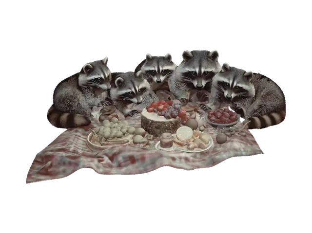 Raccoon Picnic Feast 3D model, vytvořený pomocí AI