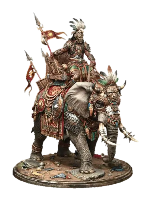 African Warrior on Epic War Elephant 3D model, vytvořený pomocí AI