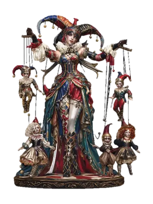 Harlequinn dressed Puppet Master - Streets 3D model, vytvořený pomocí AI