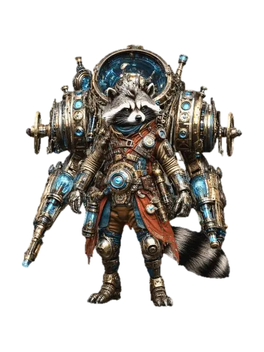 Clockwork Raccoon Knight 3D model, vytvořený pomocí AI