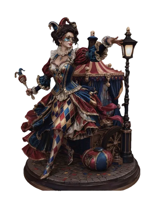 Harlequin on a Velvet Stage - Theatre 3D model, vytvořený pomocí AI