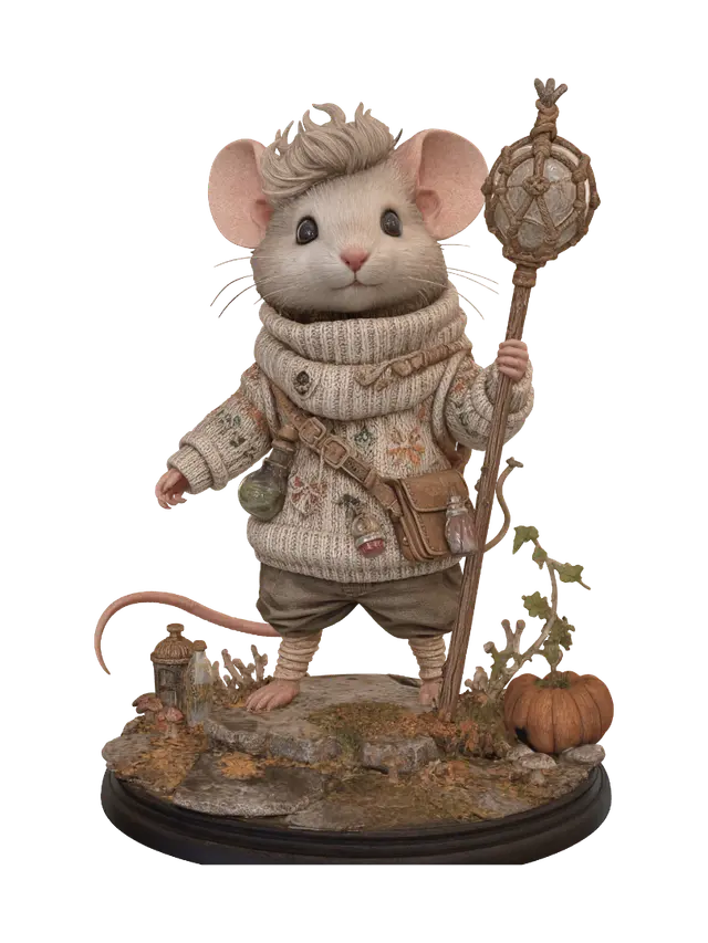 3D model for ultra high detailed  
Cozy magic Sweater  Rodenr showcase diorama for table games with extremly high resolution detailed mythical random cutness, extremely realistic high detailed  random pose  extremely realistic high Detailed Body, Face, fur, textures, random hair style, color, full view, random stance, high resolution texture and Fantasy  3d style, use 8k high res Colors, no logos under podest,