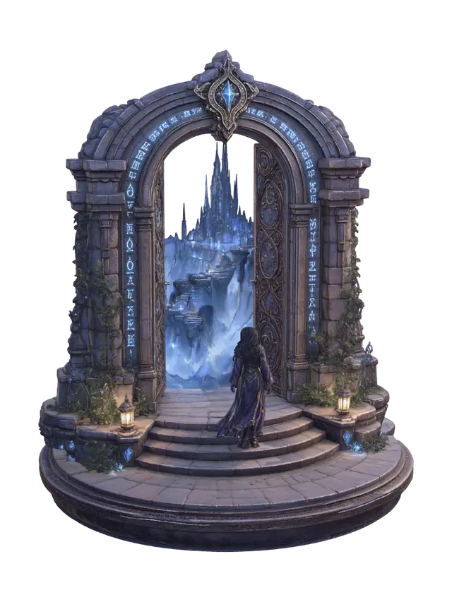 Celestial Gate of Eldoria - Fantasyworld 3D model, vytvořený pomocí AI