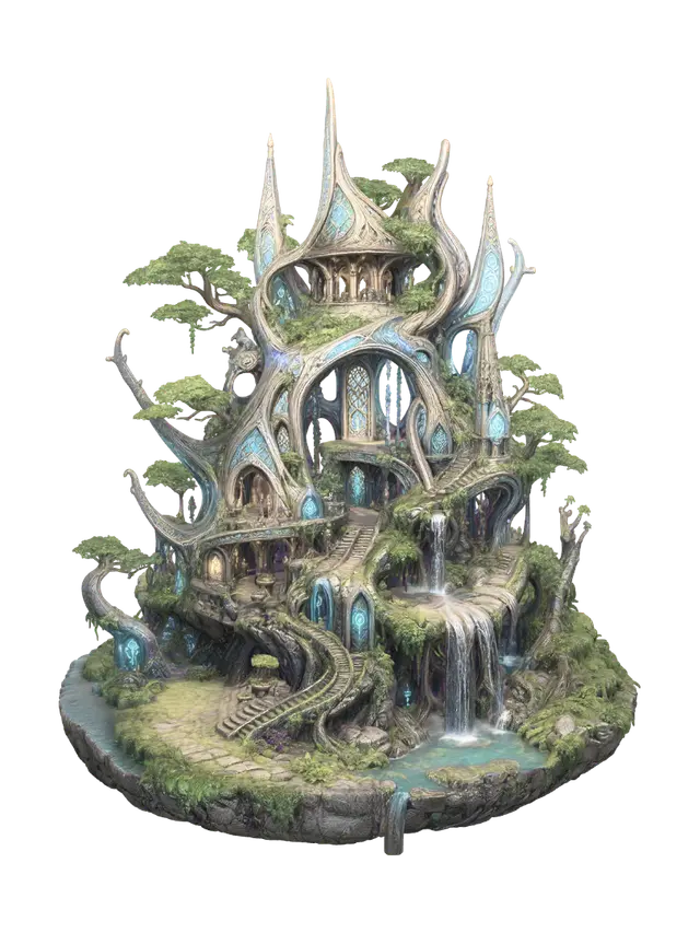Azurewood Sanctuary - Fantasyworld 3D model, vytvořený pomocí AI