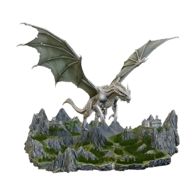 Dragon Over the Citadel Peaks - Composition 3D model, vytvořený pomocí AI
