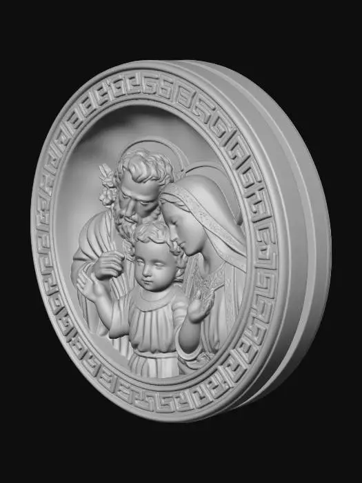 3D model for gere uma medalha da sagrada familia, bem detalhada bonita e o mais fiel possivel. quero que ela tenha o formato oval e com a borda decorada em estilo grego